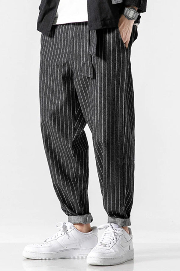 Men's Black Striped Regular Fit Casual Pant